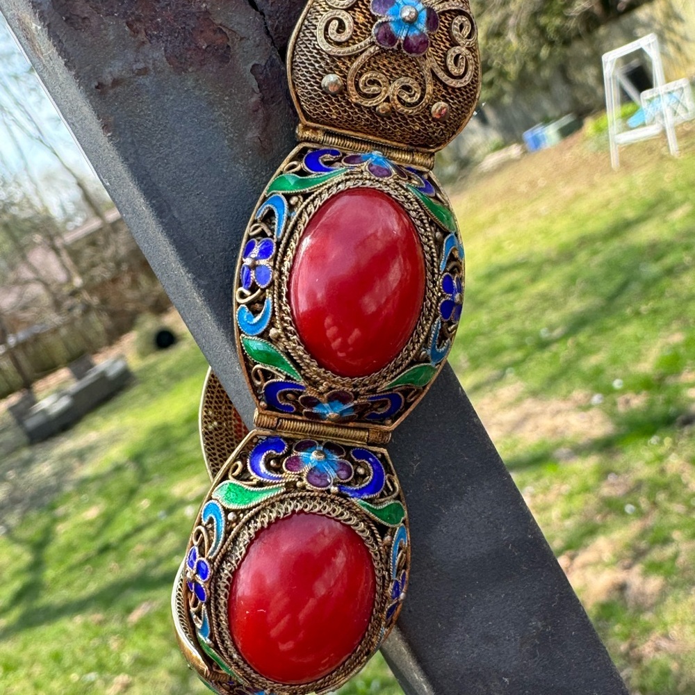 Early 19 century Chinese export piece. Filigree silver enamel and coral. - Picture 16 of 17